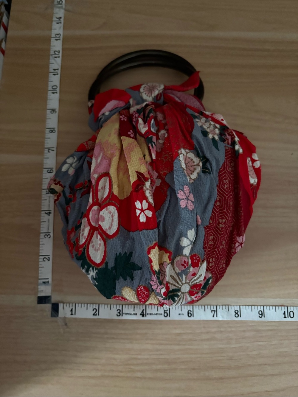 Red Small FUROSHIKI Bag with Brown Plastic Rings from Japan - Picture 6 of 9